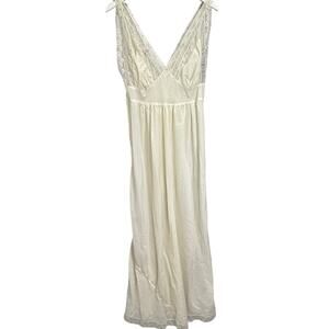 Vintage Ivory White Maxi Nightgown Size M Semi Sheer Lace Empire Waist Nylon